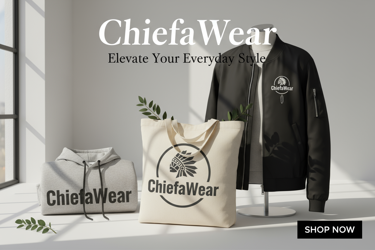 generate me a banner for my chiefawear store selling print on demand like cloth bag hoodies jacketso i want the name of the store should bs written on every product on the banner